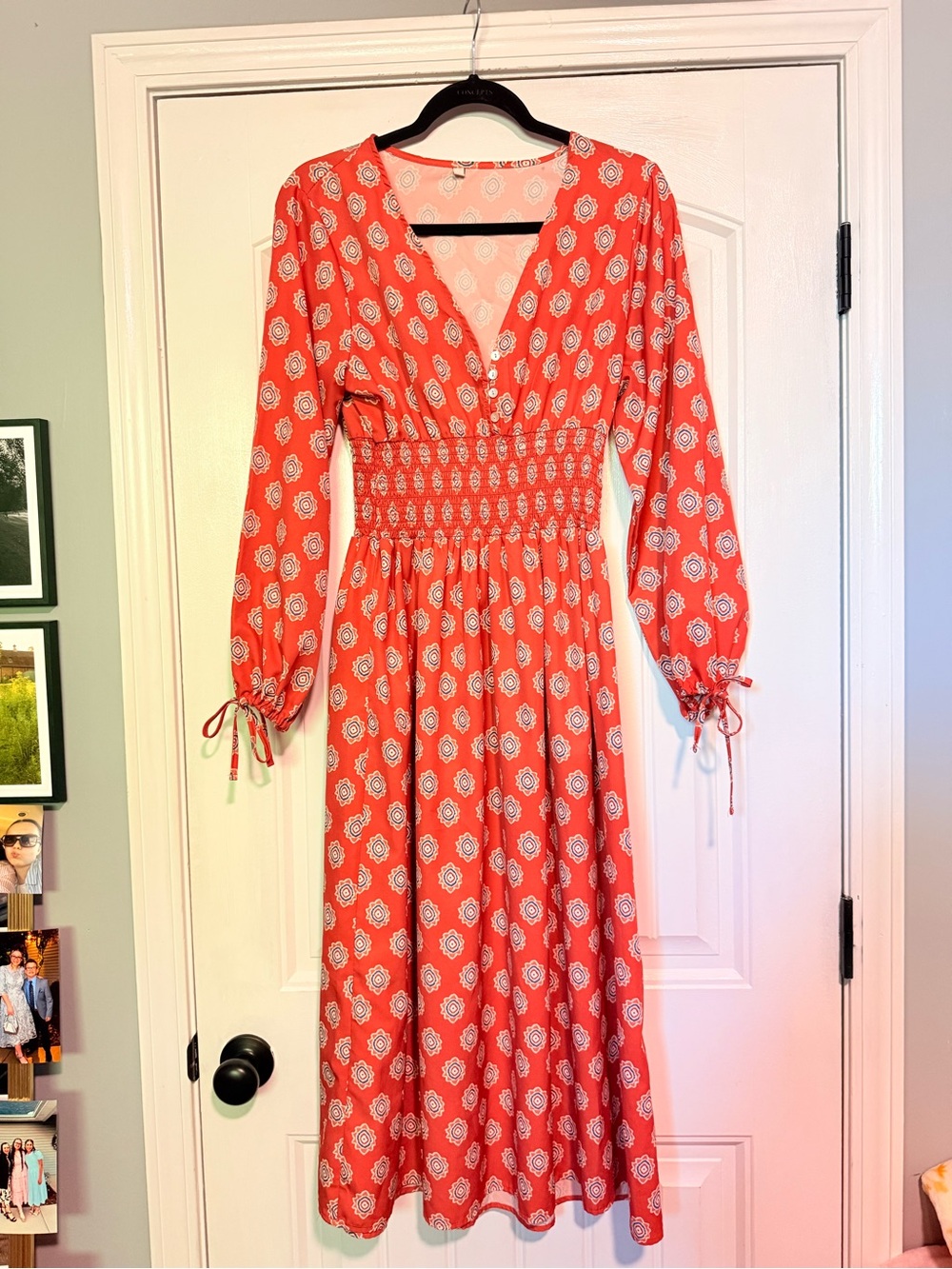 Orange Long-Sleeve Smocked Waist Midi Dress
